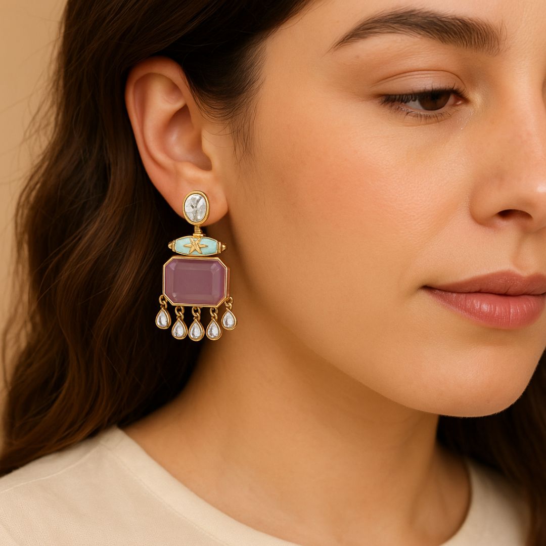 High Quality Gold Plated Blush Pink Kundan and Blue Meenakari Drop Earrings