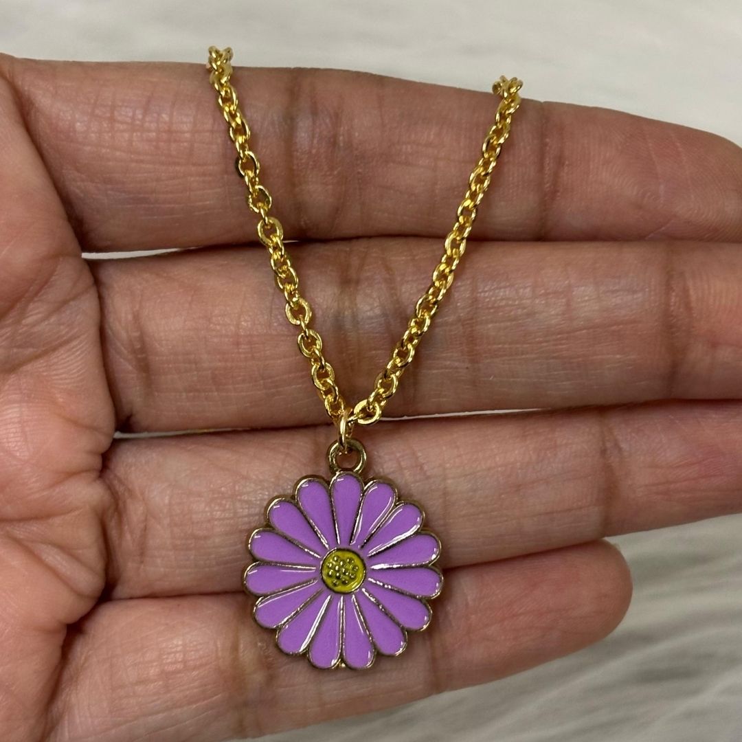Gold Plated Purple Enamel Daisy Flower Pendant Necklace