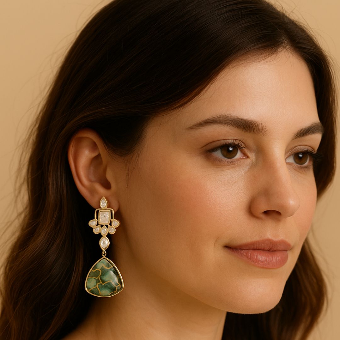 High Quality Gold Plated Dark Green Kundan Art Deco Drop Earrings
