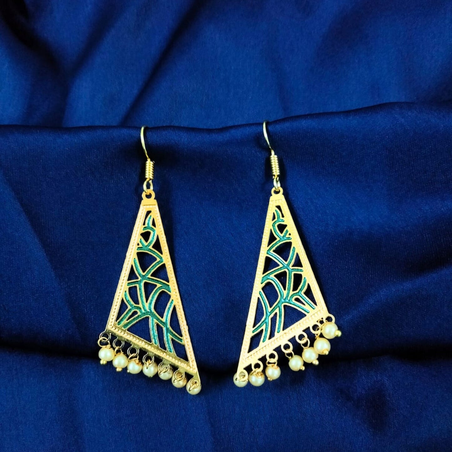 Bdiva 18K Gold Plated Green Enamelled Intricately Carved Earrings