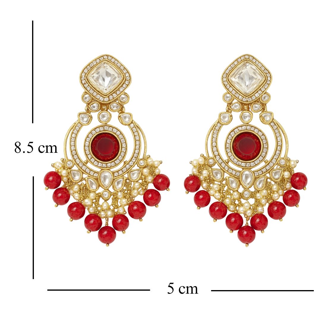 High Quality Gold Plated Red Chandbali Drop Earrings with Kundan & Pearls