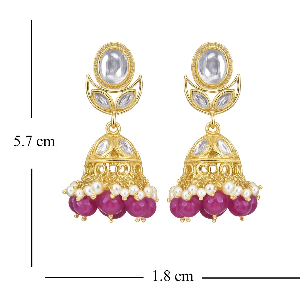 High Quality Gold Plated Dark Pink Kundan Jhumki Drop Earrings