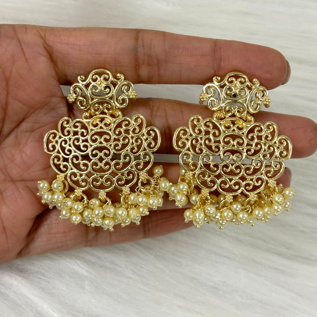 BDiva 18k Gold Plated Filigree Pearl Drop Earrings