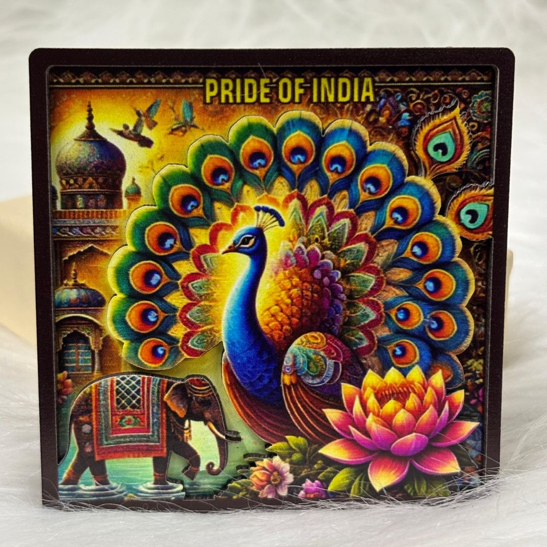 Pride of India - Majestic Multicolor Peacock & Lotus Souvenir Wooden Fridge Magnet