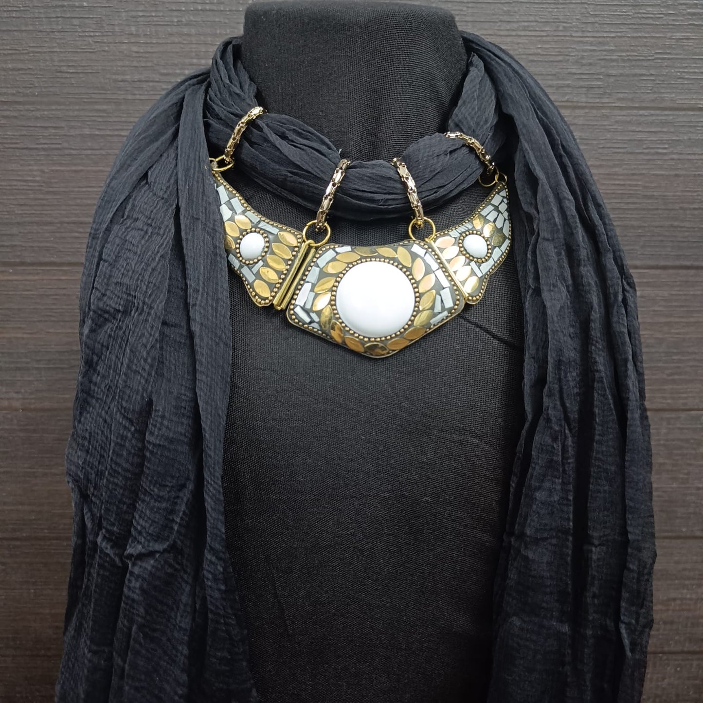 Bdiva Black Georgette Scarf With Indian Jewelry And Oxidised Motif