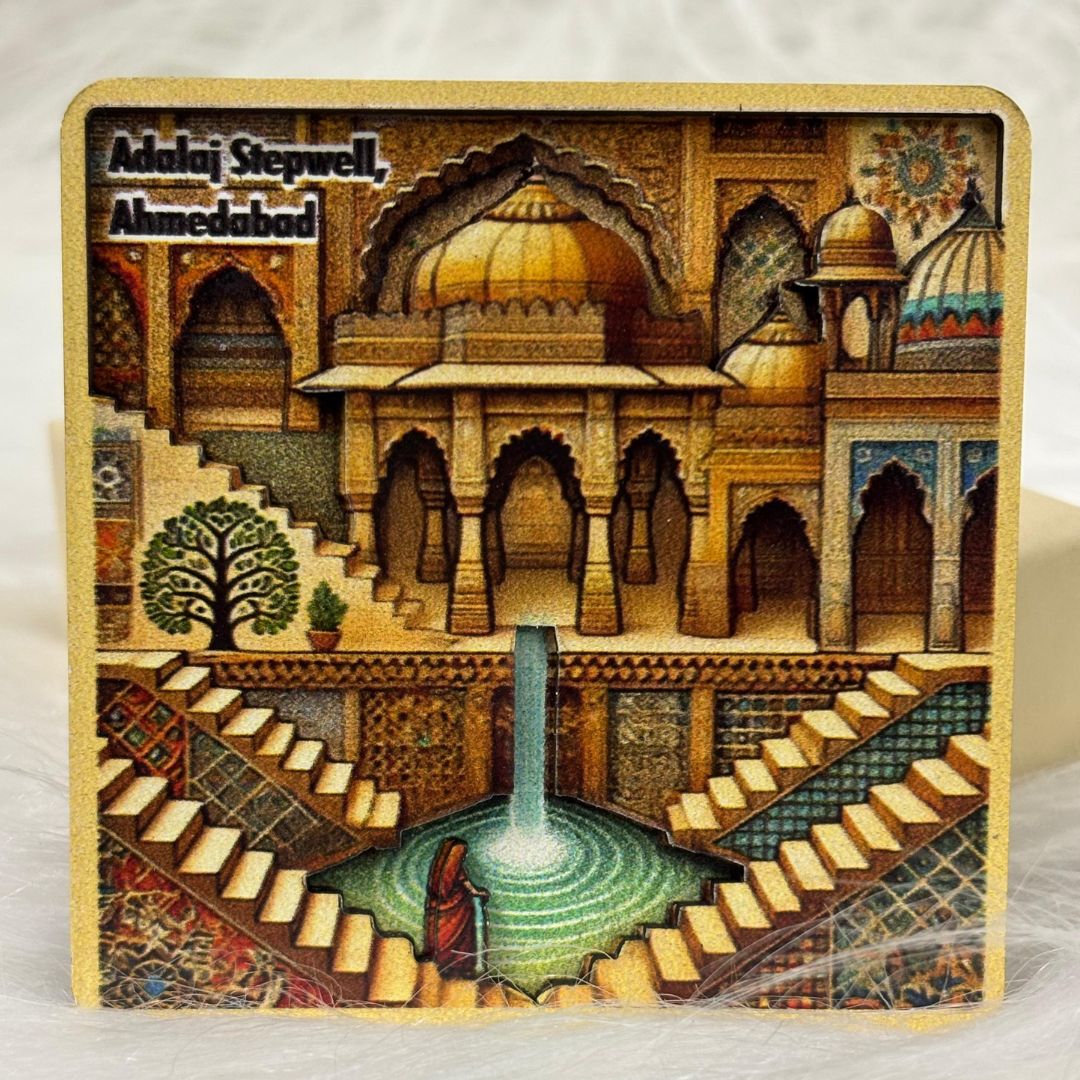 Architectural Marvel of Gujarat: Adalaj Stepwell Souvenir Wooden Fridge Magnet