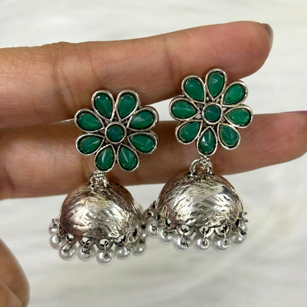 BDiva Oxidized Fusion of Tradition and Elegance Green Stone Floral Jhumka Earrings