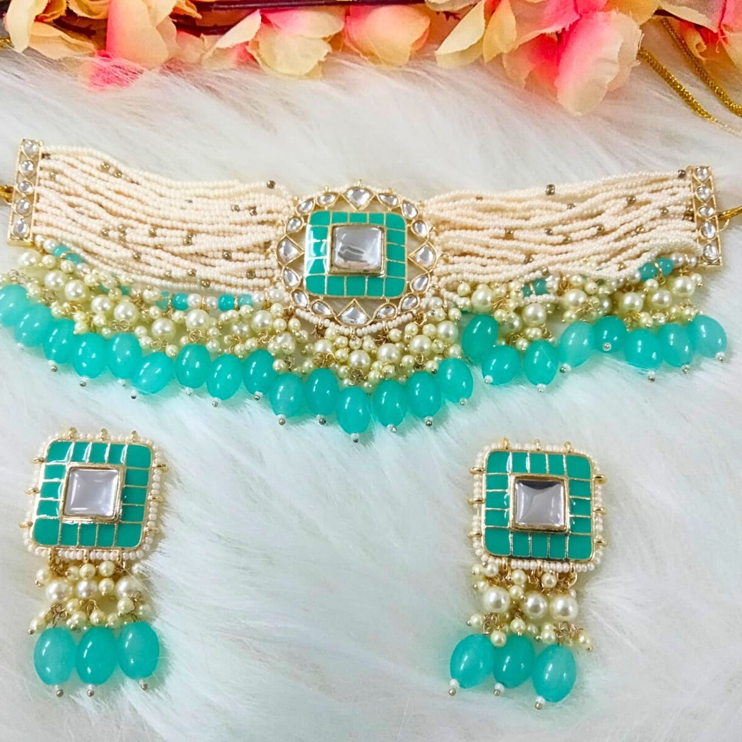 Bdiva 18K Gold Plated Turquoise Kundan Meenakari Choker.