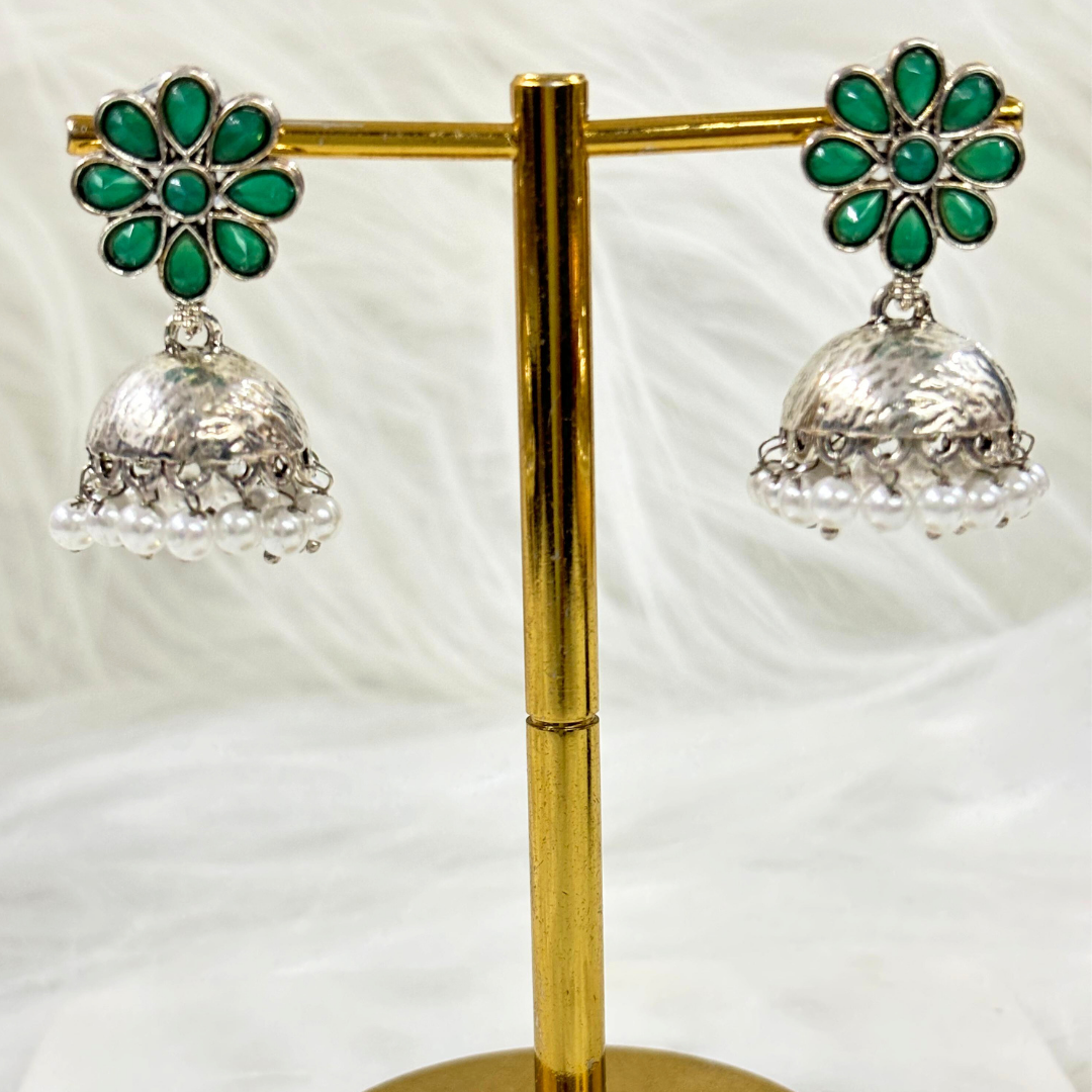 BDiva Oxidized Fusion of Tradition and Elegance Green Stone Floral Jhumka Earrings
