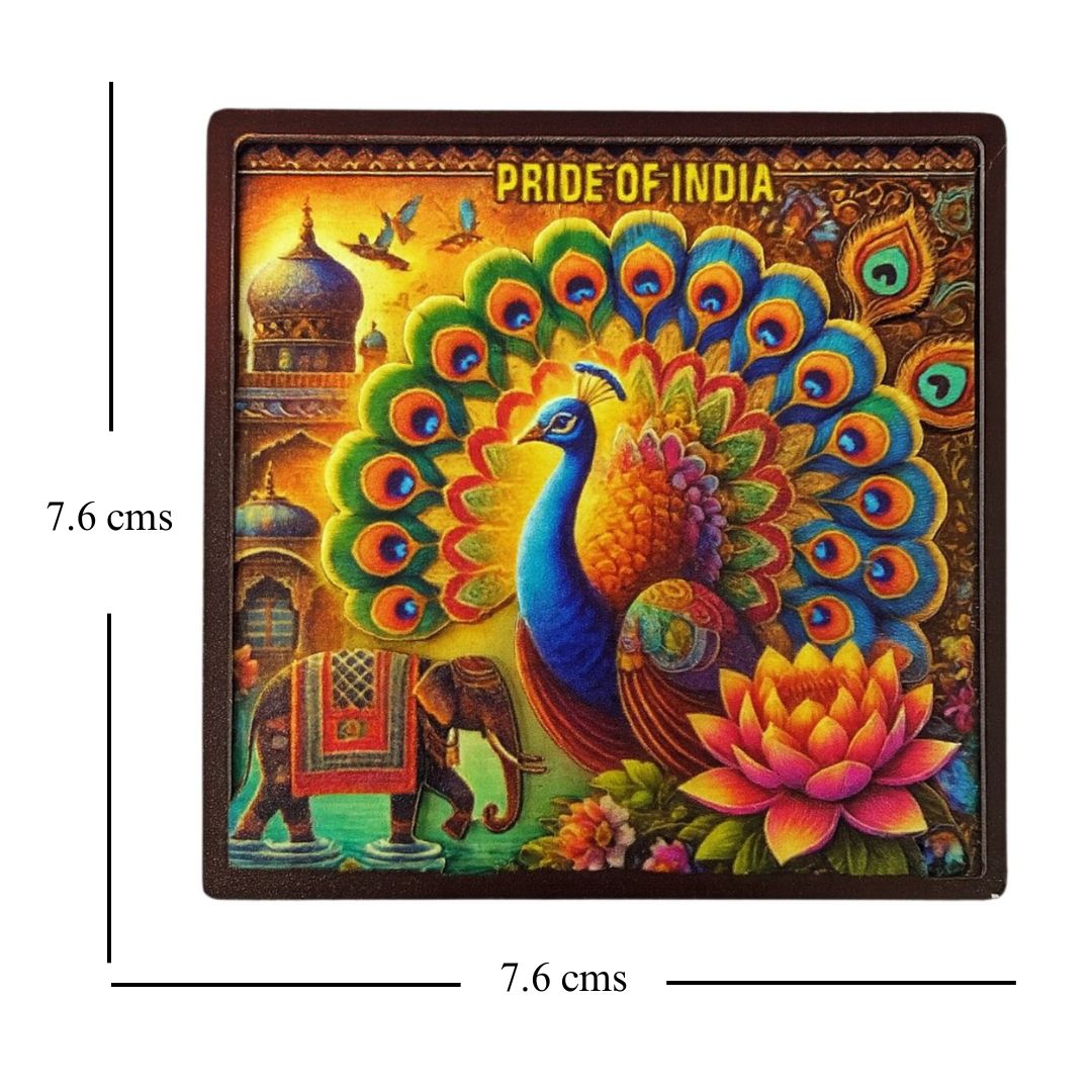 Pride of India - Majestic Multicolor Peacock & Lotus Souvenir Wooden Fridge Magnet