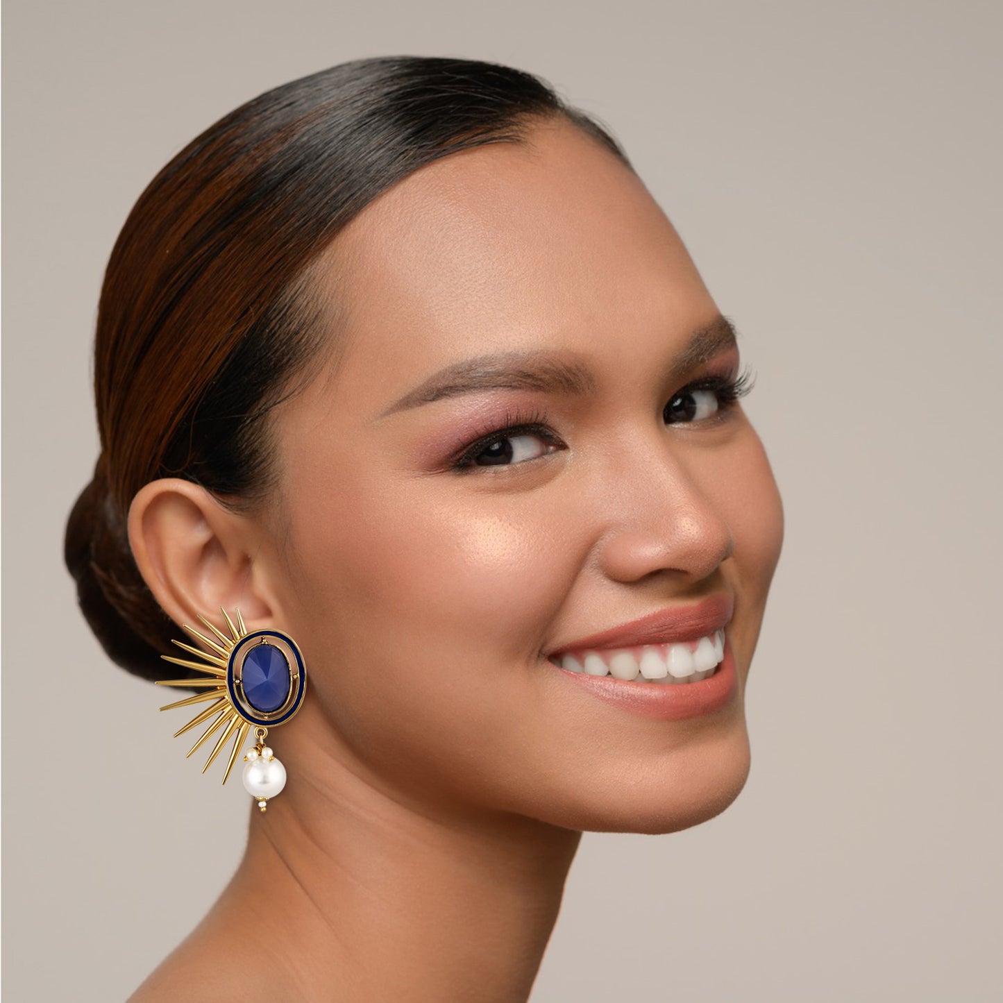 Bdiva 18K Gold Plated Blue Sapphire Earrings With A Pearl Drop.