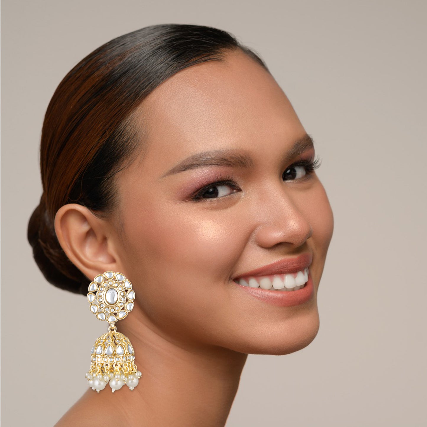 Bdiva 18K Gold Plated Kundan Jhumka Earrings with Semi Cultured Pearls.