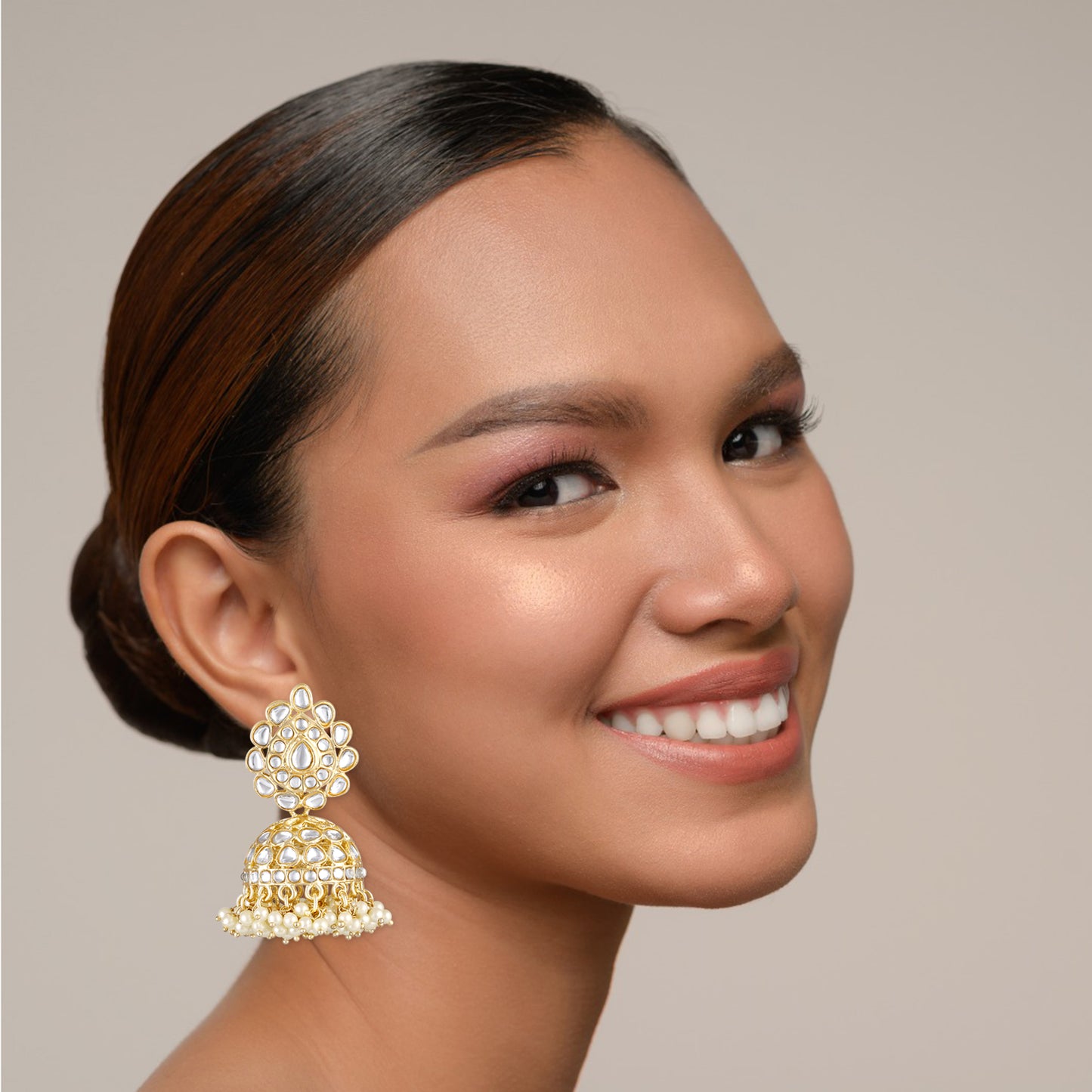 Bdiva 18K Gold Plated Kundan Jhumka Earrings with Semi Cultured Pearls.