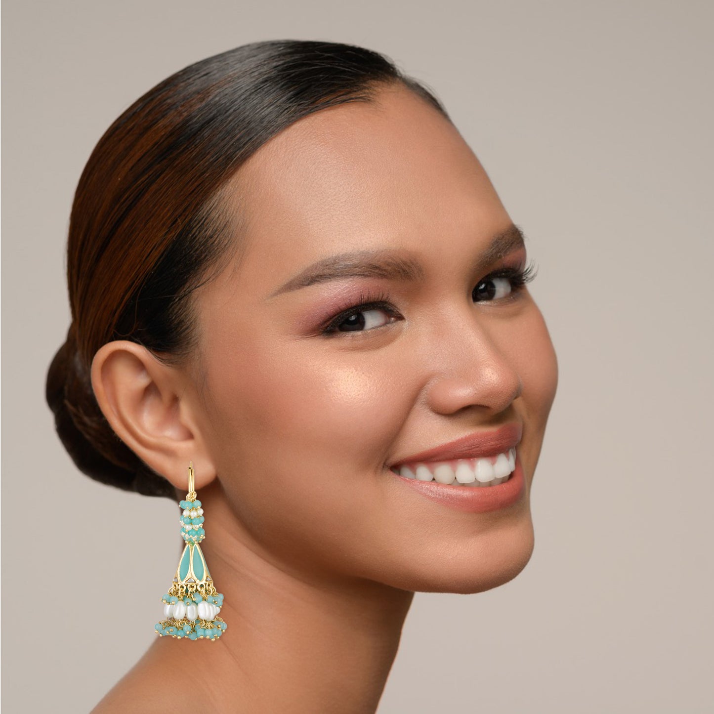 Bdiva 18K Gold Plated Turquoise Chandbali Earrings with Semi Cultured Pearls.