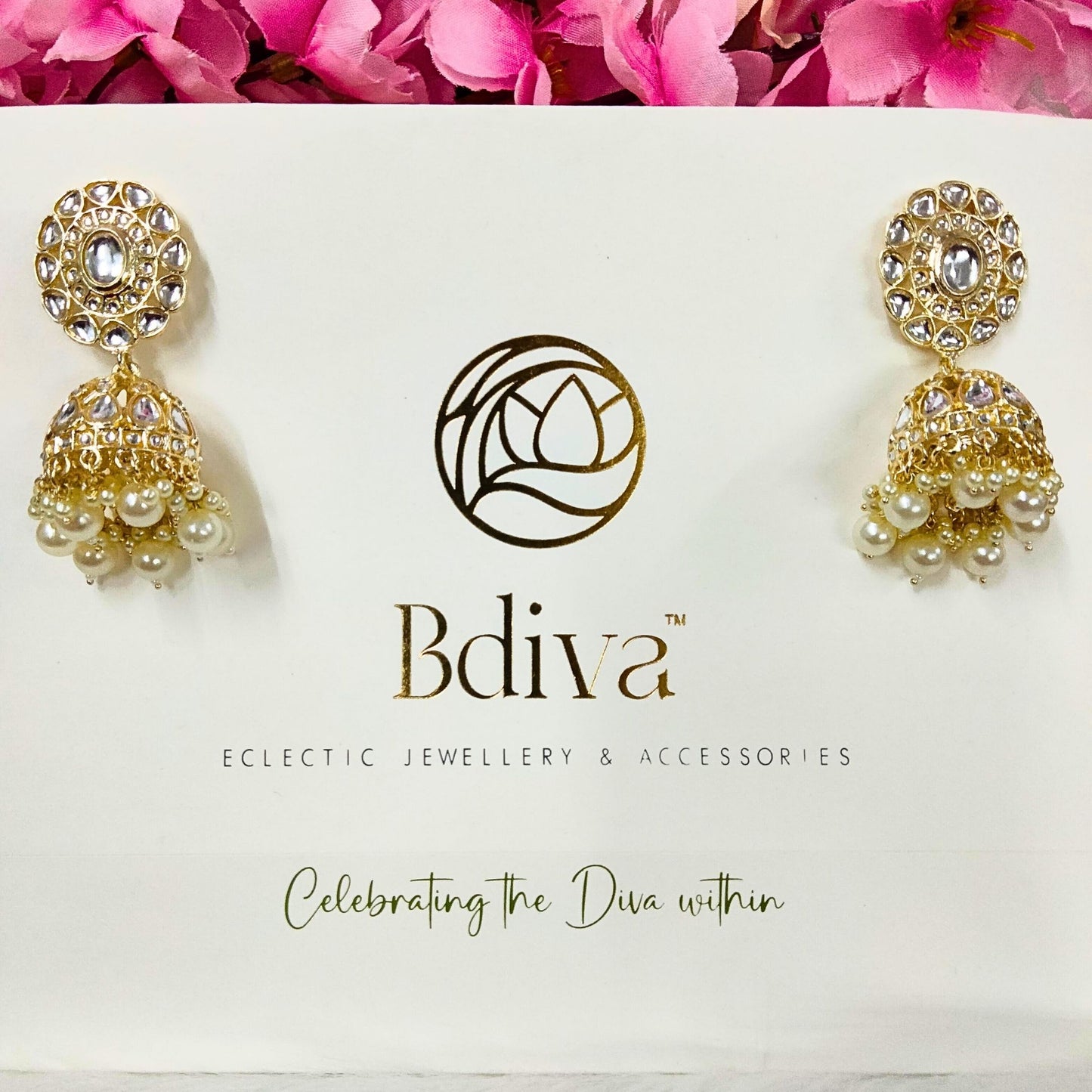 Bdiva 18K Gold Plated Kundan Jhumka Earrings with Semi Cultured Pearls.