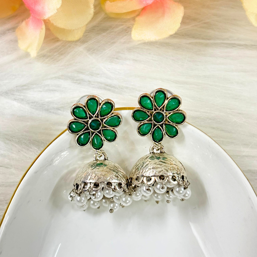 BDiva Oxidized Fusion of Tradition and Elegance Green Stone Floral Jhumka Earrings