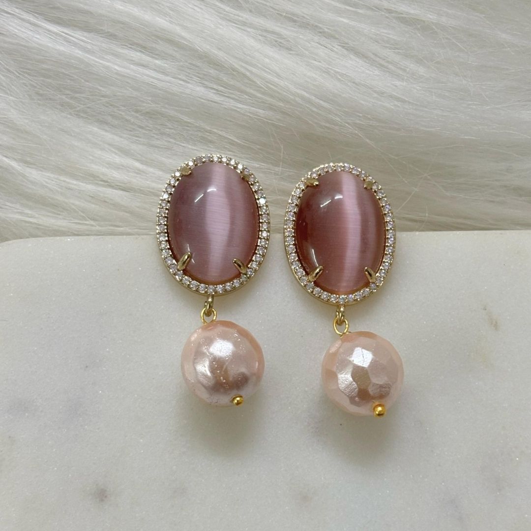 BDiva 18k Gold Plated Oval Stone Radiance Statement Earrings with a Fusion of Luxe and Elegance