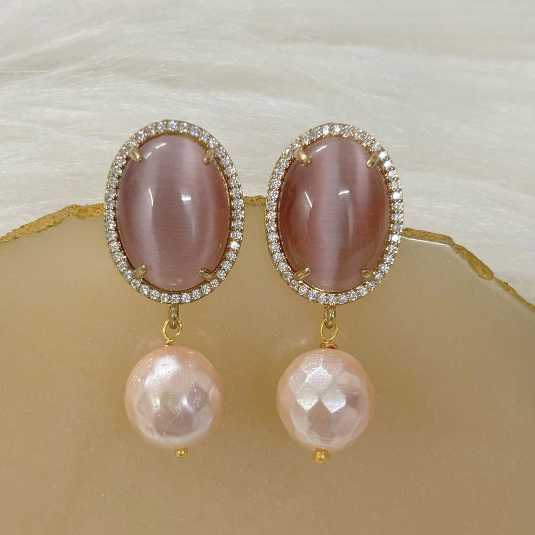 BDiva 18k Gold Plated Oval Stone Radiance Statement Earrings with a Fusion of Luxe and Elegance