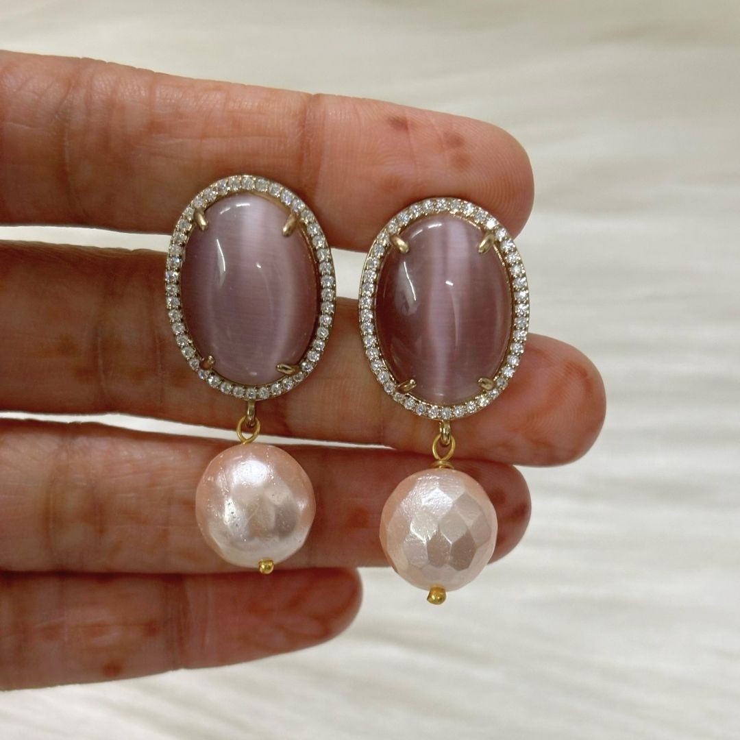 BDiva 18k Gold Plated Oval Stone Radiance Statement Earrings with a Fusion of Luxe and Elegance