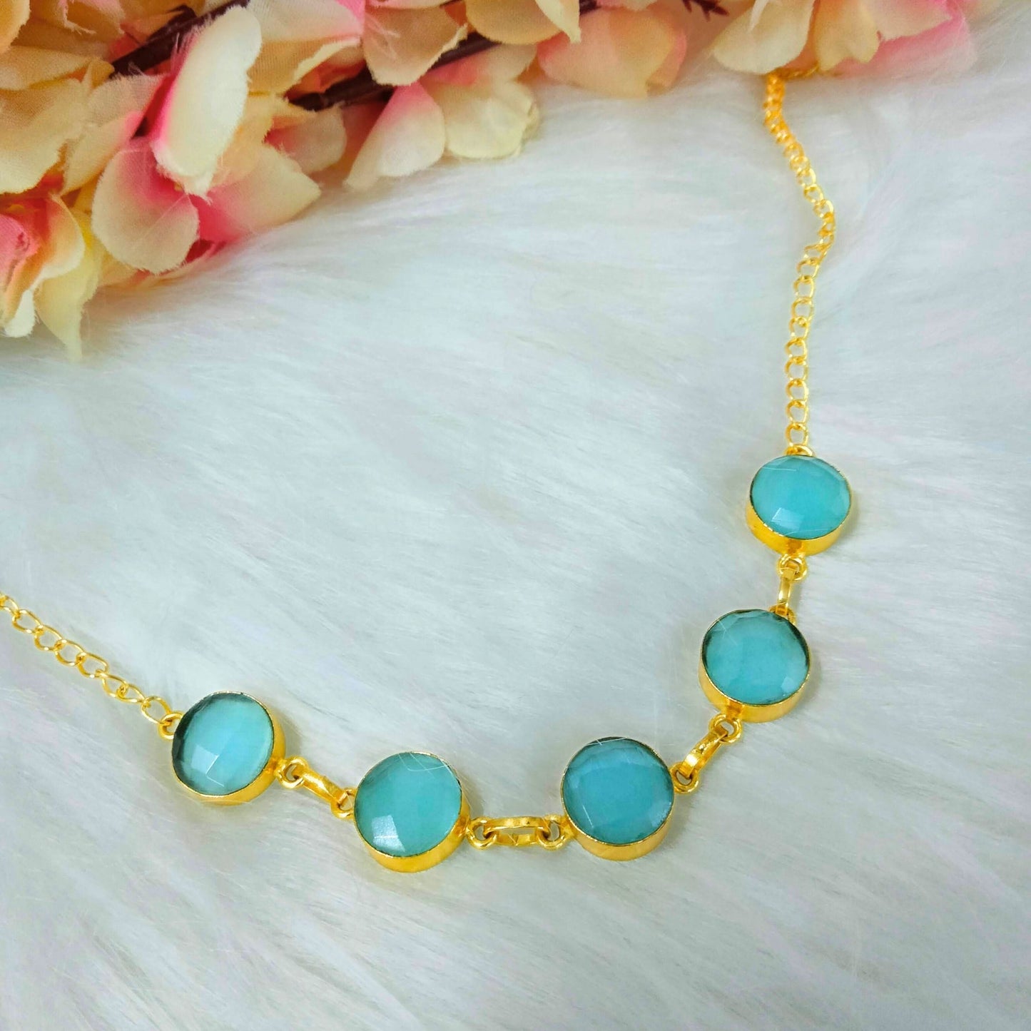 Bdiva 18K Gold Plated Five Stone Blue Sapphire Necklace.