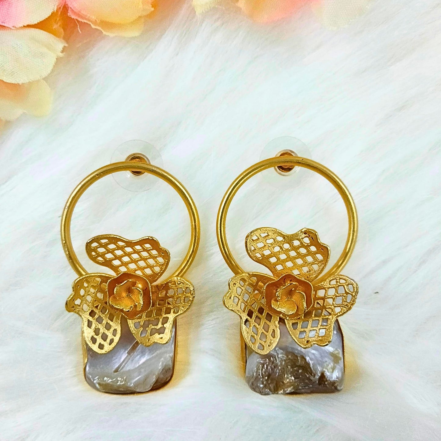 Bdiva 18K Gold Plated Intricately Carved Earrings With And Mother Of Pearl.