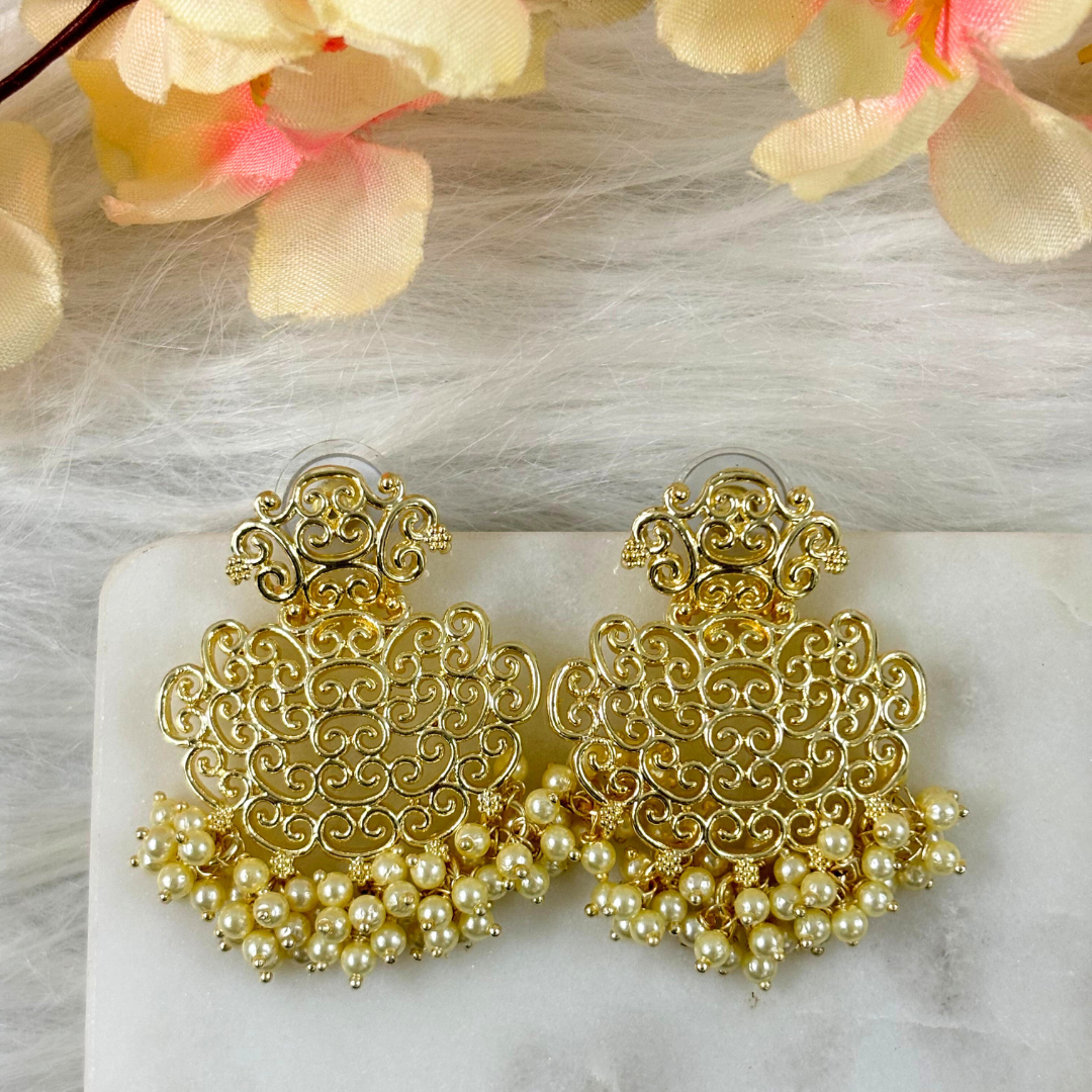 BDiva 18k Gold Plated Filigree Pearl Drop Earrings
