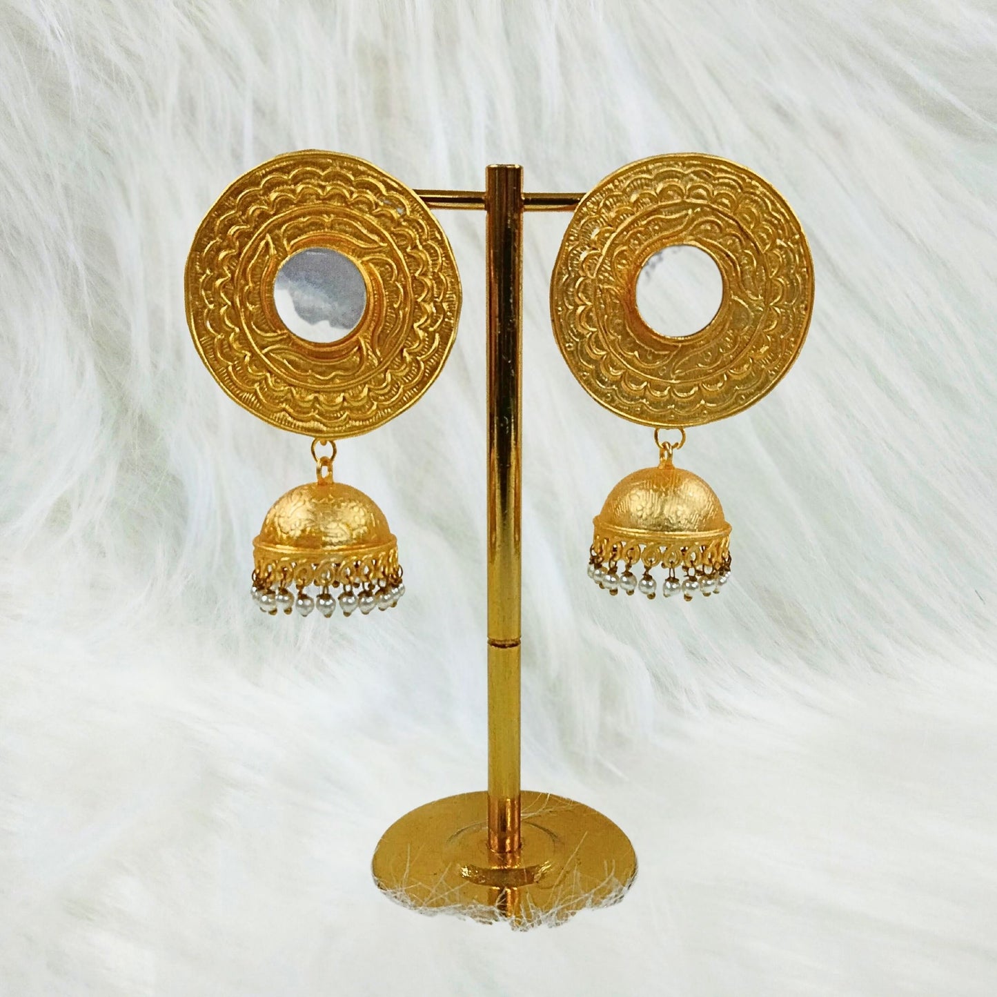 Bdiva 18K Gold Plated Intricately Carved Jhumka Earrings with Mother of Pearl.