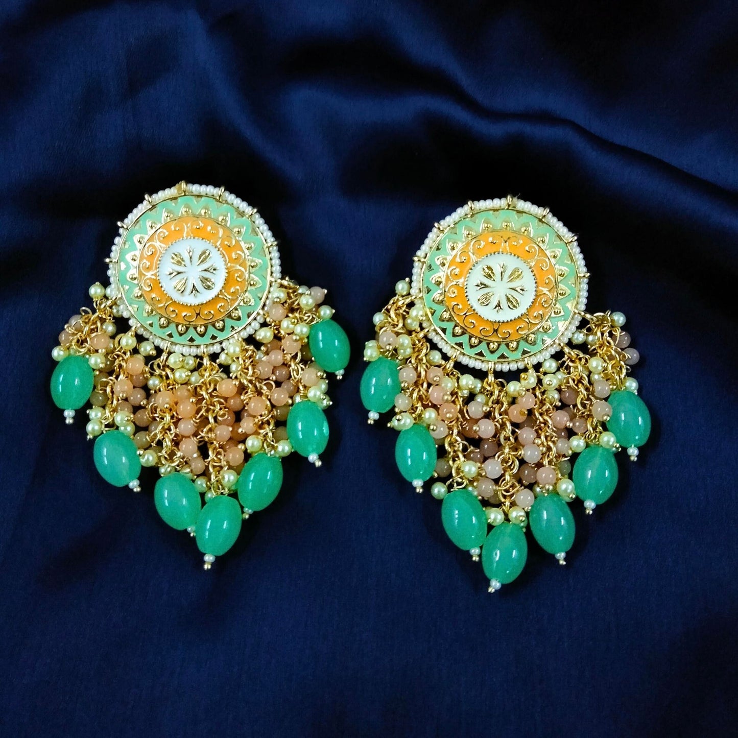 Bdiva 18K Gold Plated Green Coral Chandbali Earrings with Semi Cultured Pearls.