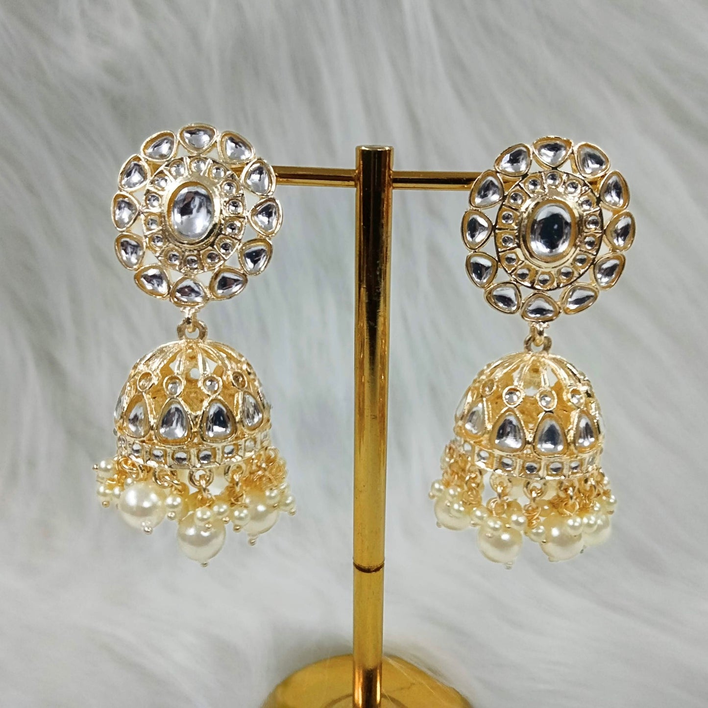 Bdiva 18K Gold Plated Kundan Jhumka Earrings with Semi Cultured Pearls.