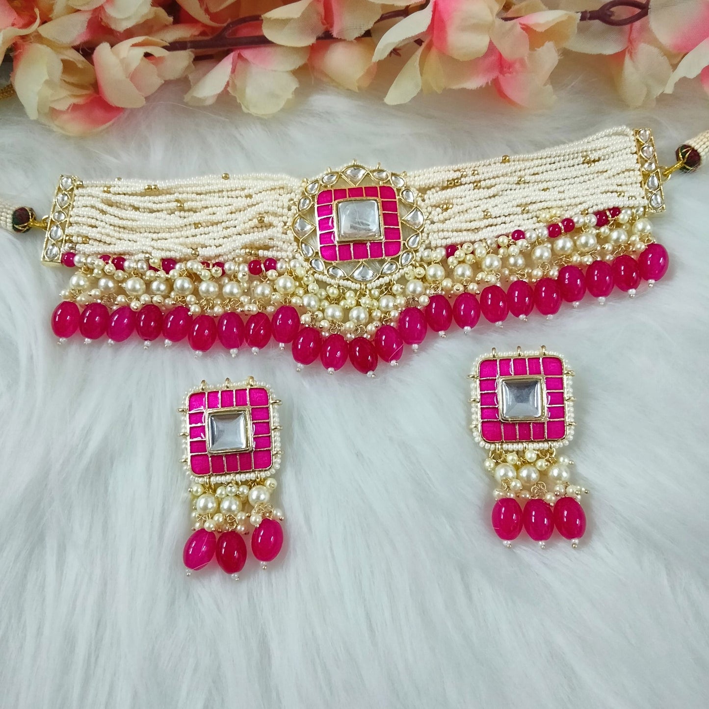 Bdiva 18K Gold Plated Pink Kundan Meenakari Choker.