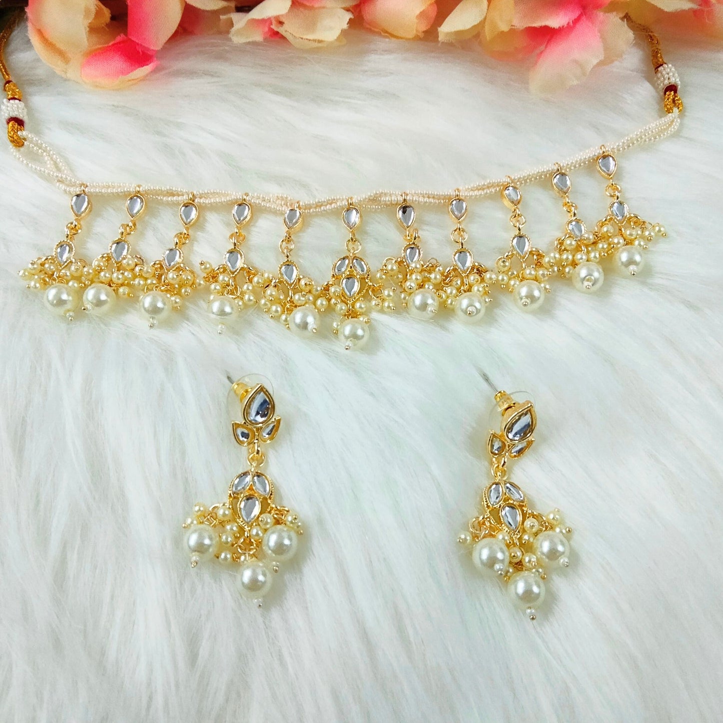 Bdiva 18K Gold Plated Kundan Semi Cultured White Pearl Choker.