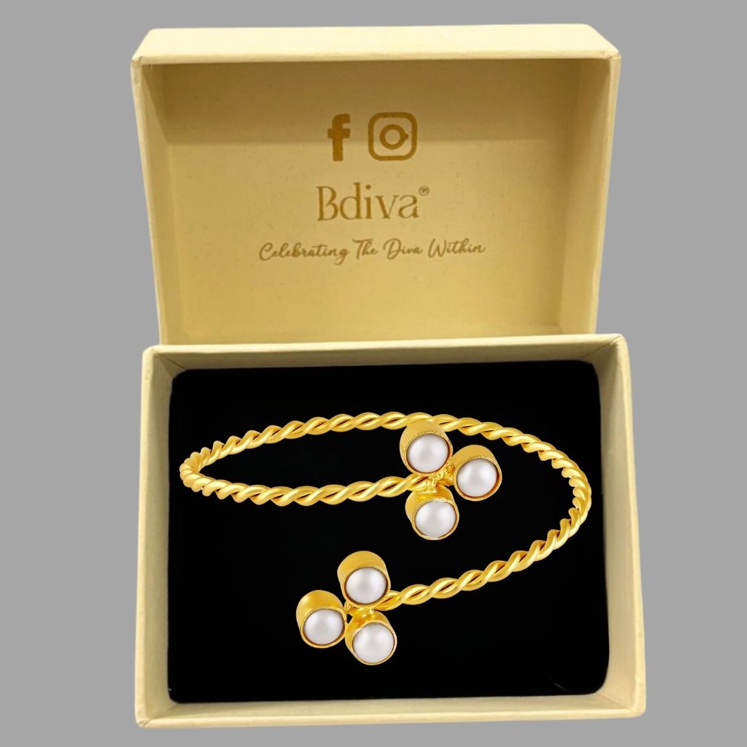 BDiva 18k Gold Plated Twisted Gold Pearl Bangle Classic Elegance with a Modern Twist