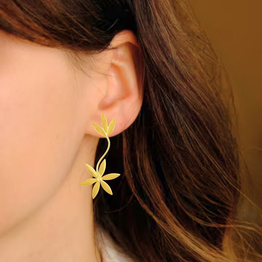 BDiva Lightweight Leaf Drop Floral Drop 18K Gold Plated Earrings