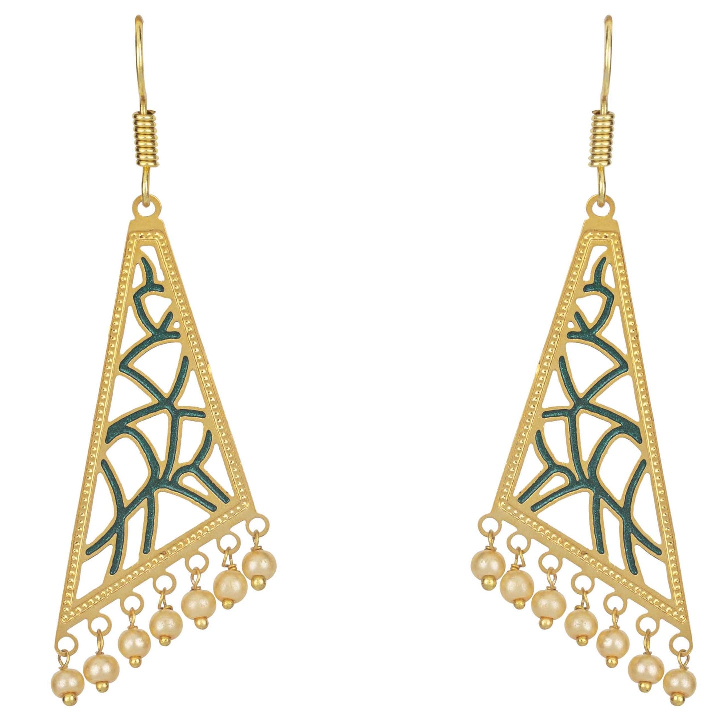 Bdiva 18K Gold Plated Green Enamelled Intricately Carved Earrings