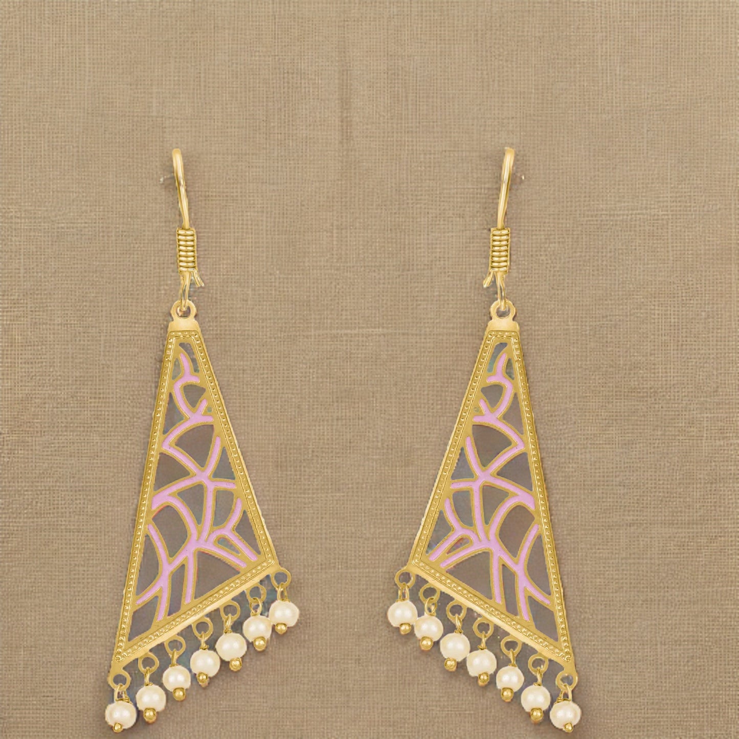 Bdiva 18K Gold Plated Pink Enamelled Intricately Carved Earrings.