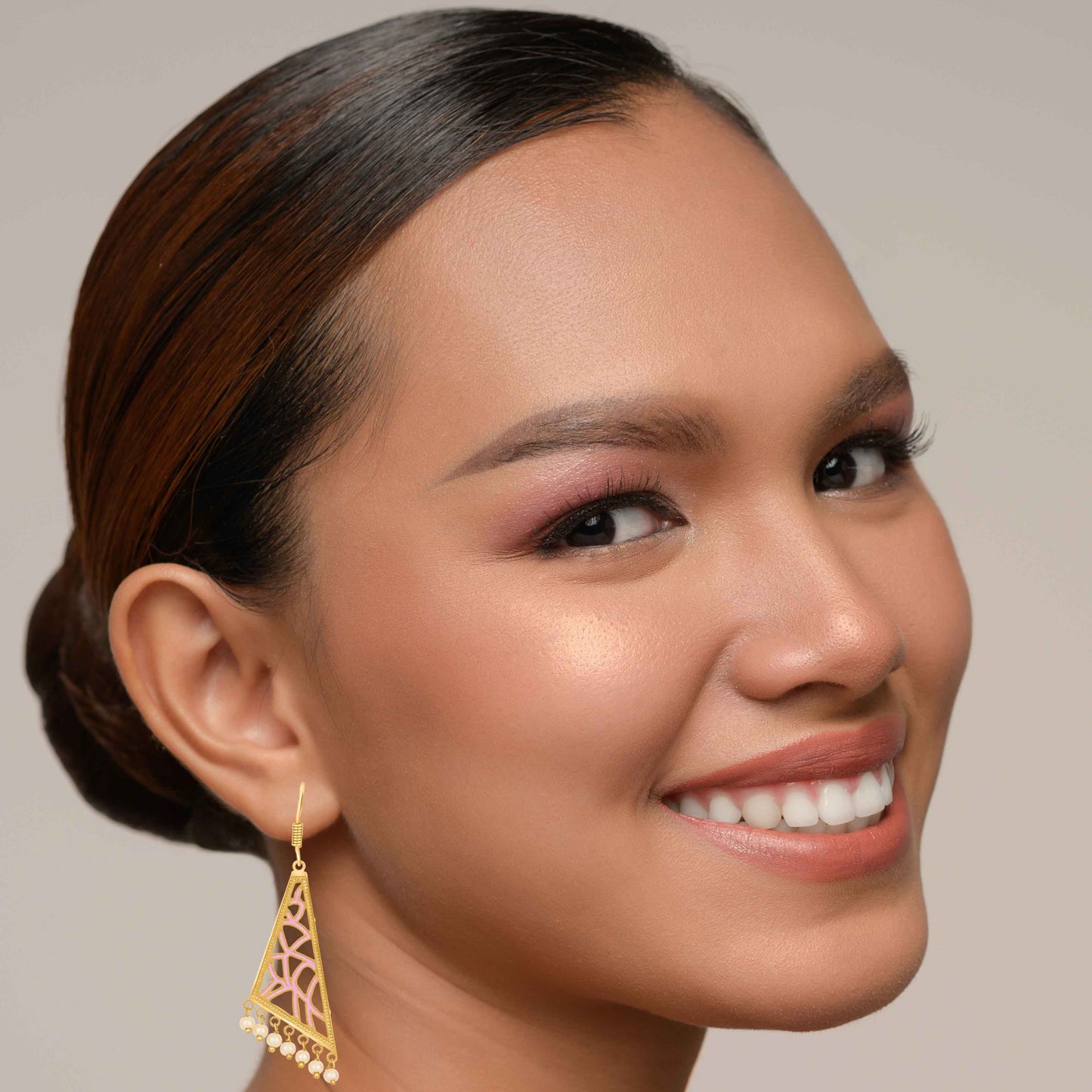 Bdiva 18K Gold Plated Pink Enamelled Intricately Carved Earrings.