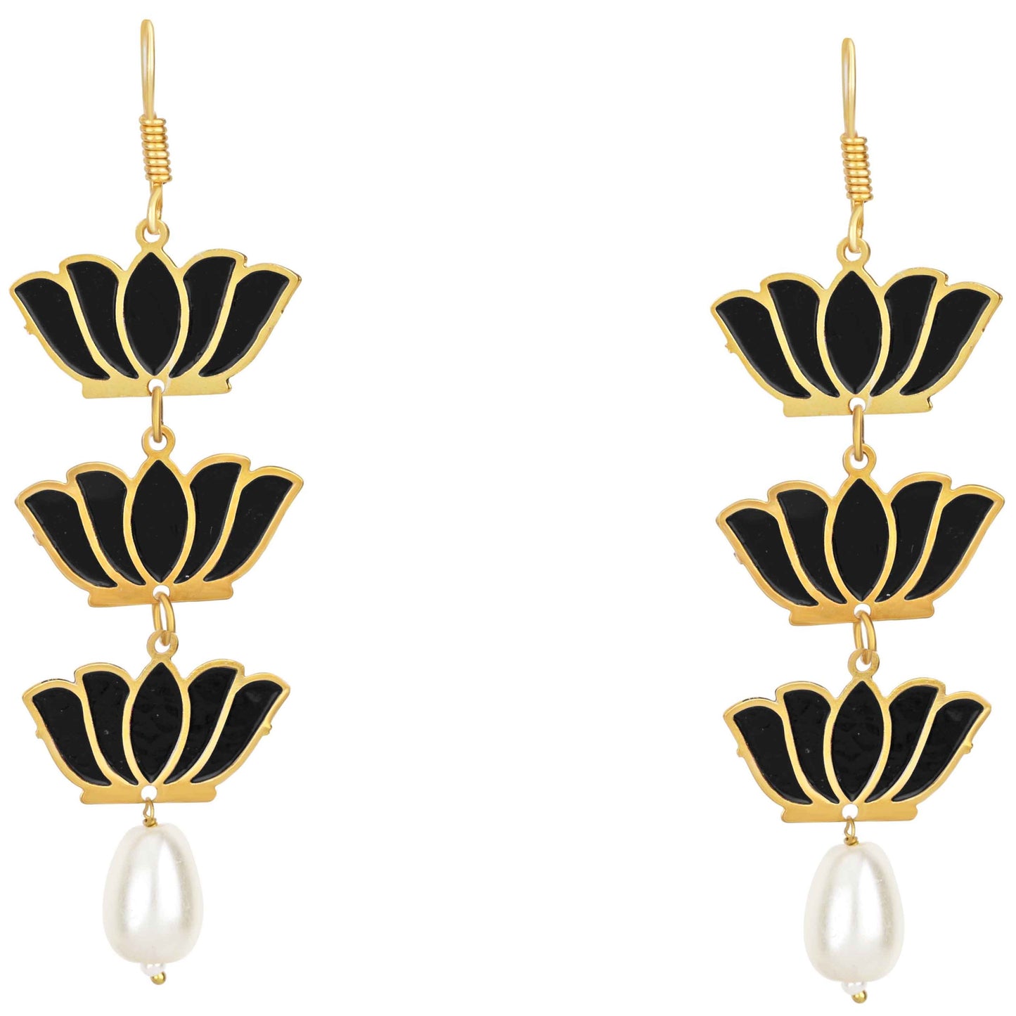 Bdiva 18K Gold Plated Light Weight Black Lotus Earrings.