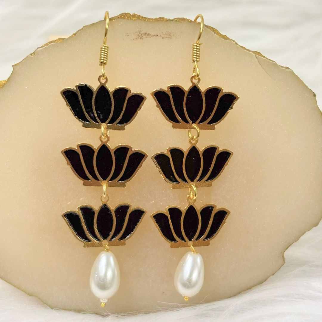 Bdiva 18K Gold Plated Light Weight Black Lotus Earrings.
