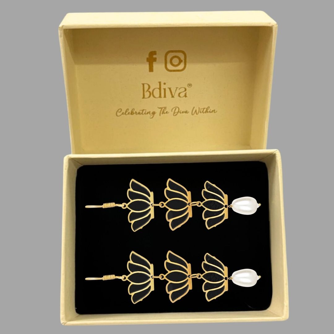 Bdiva 18K Gold Plated Light Weight Black Lotus Earrings.