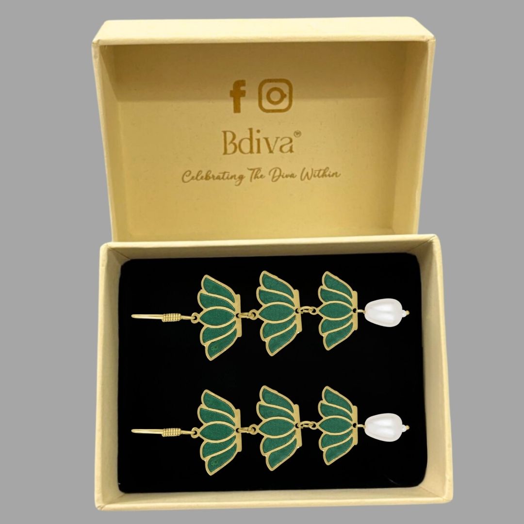 Bdiva 18K Gold Plated Light Weight Green Lotus Earrings