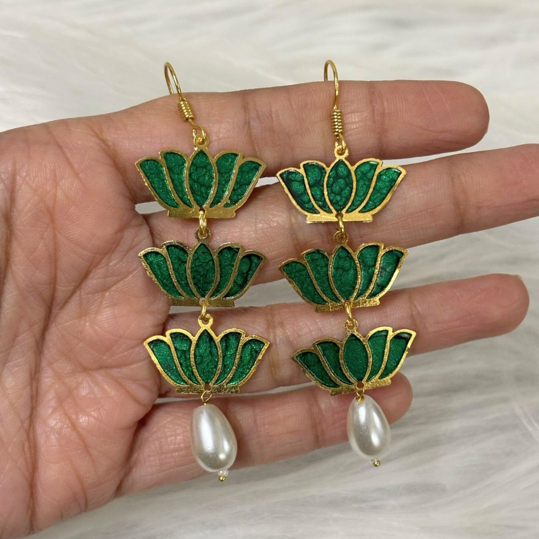 Bdiva 18K Gold Plated Light Weight Green Lotus Earrings