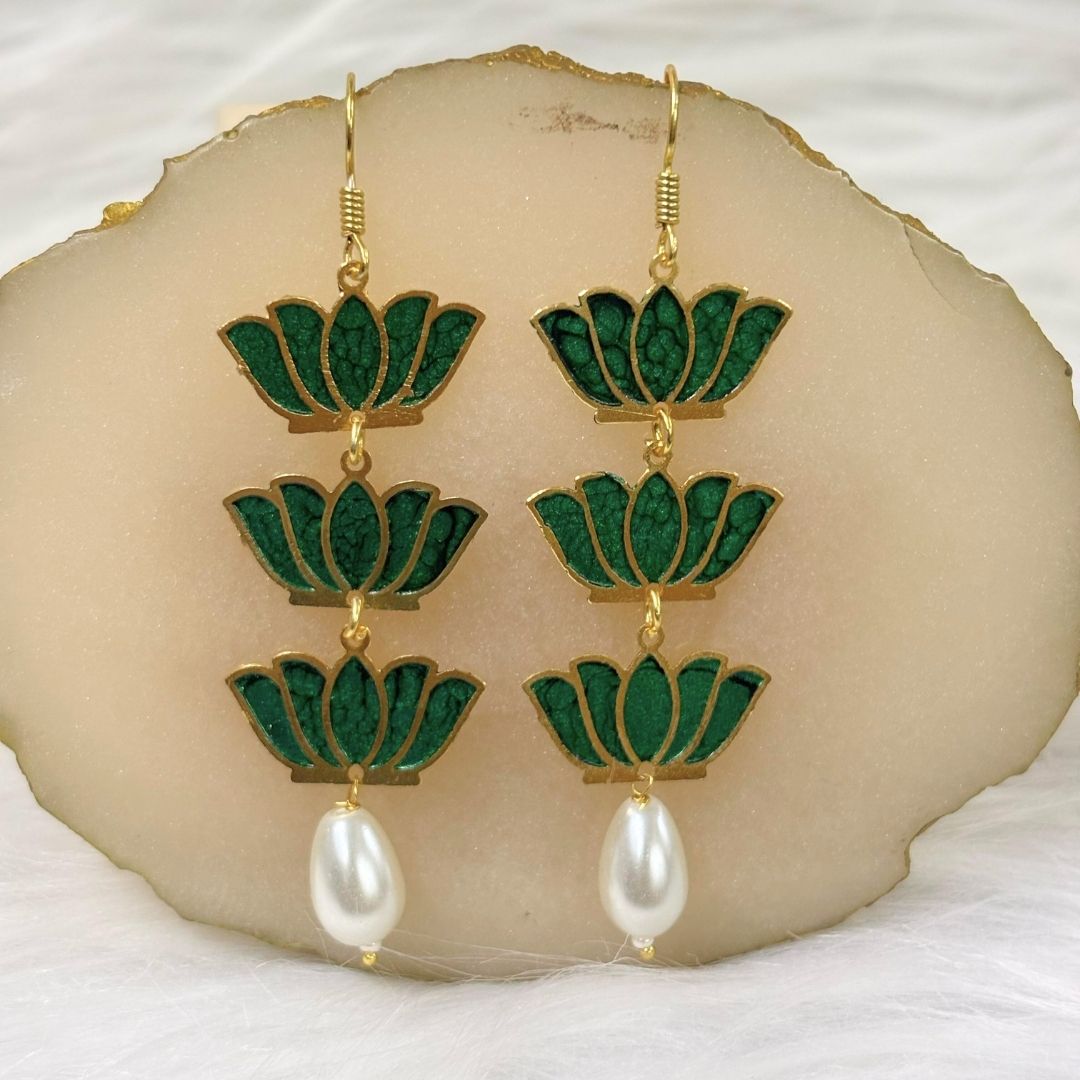 Bdiva 18K Gold Plated Light Weight Green Lotus Earrings