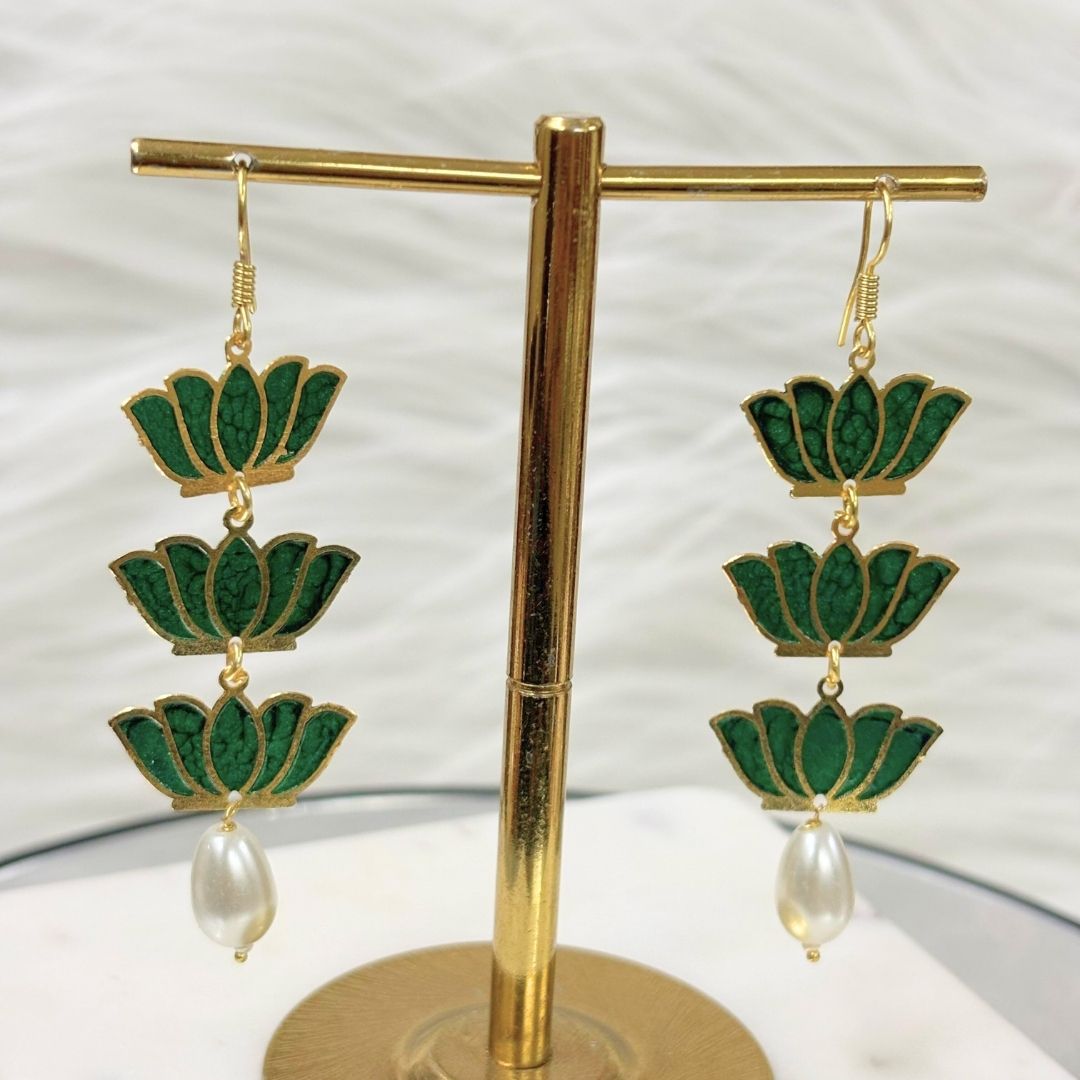 Bdiva 18K Gold Plated Light Weight Green Lotus Earrings
