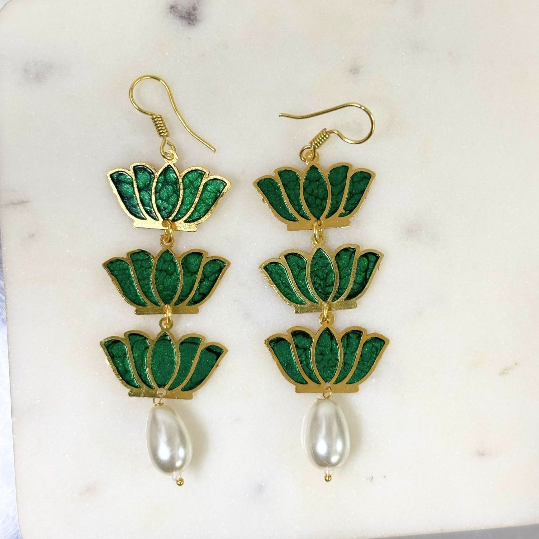 Bdiva 18K Gold Plated Light Weight Green Lotus Earrings