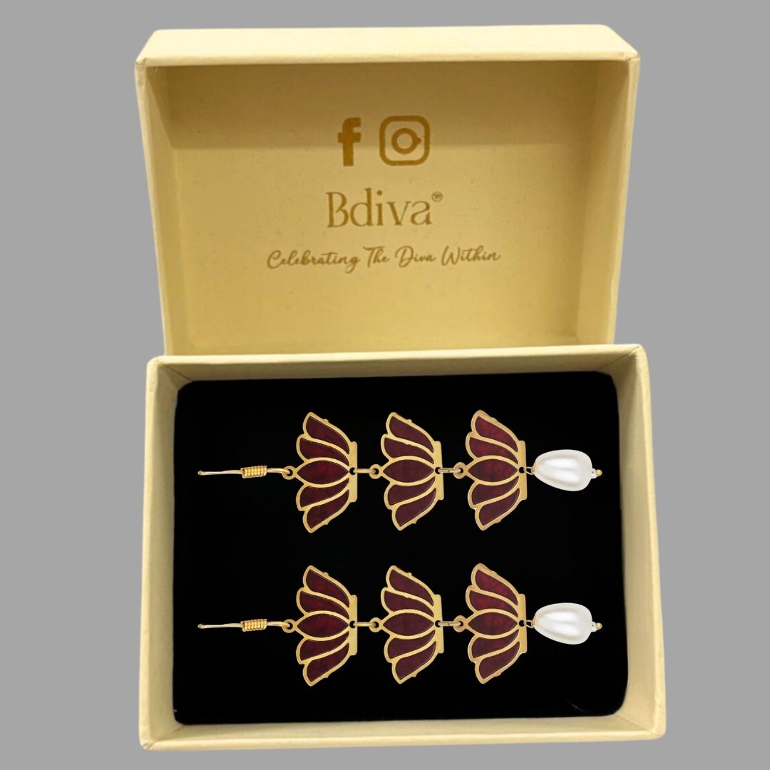 Bdiva 18K Gold Plated Light Weight Red Lotus Earrings.