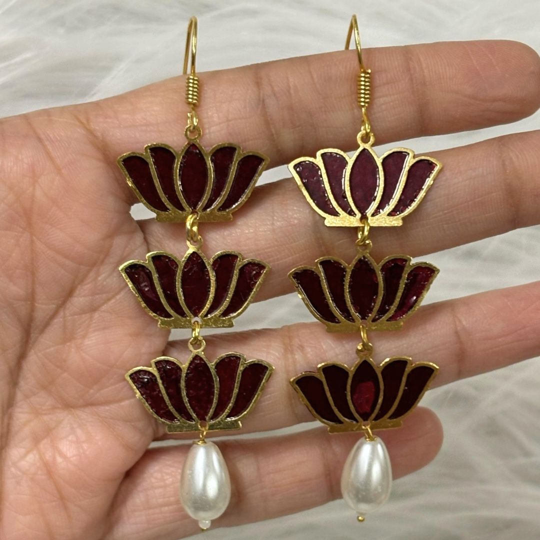 Bdiva 18K Gold Plated Light Weight Red Lotus Earrings.