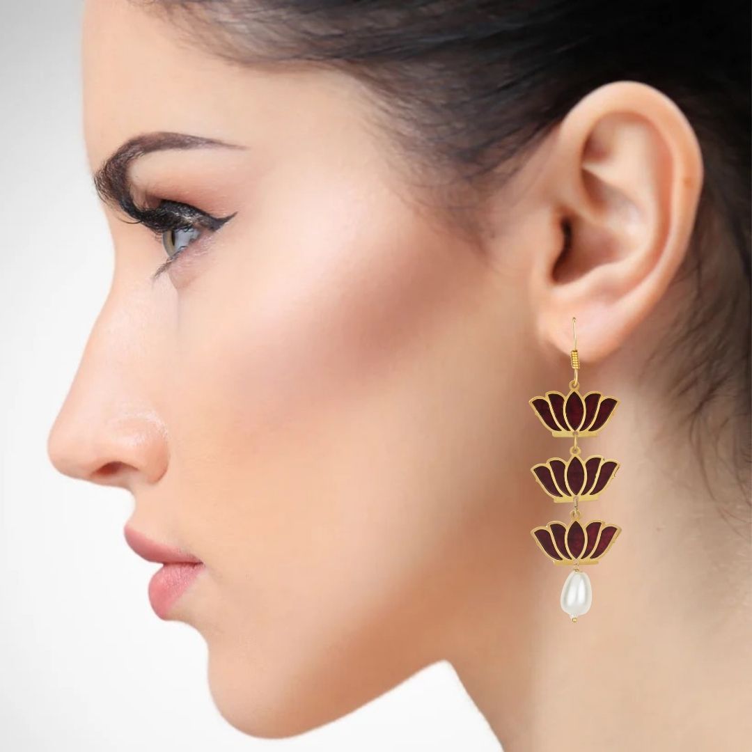 Bdiva 18K Gold Plated Light Weight Red Lotus Earrings.