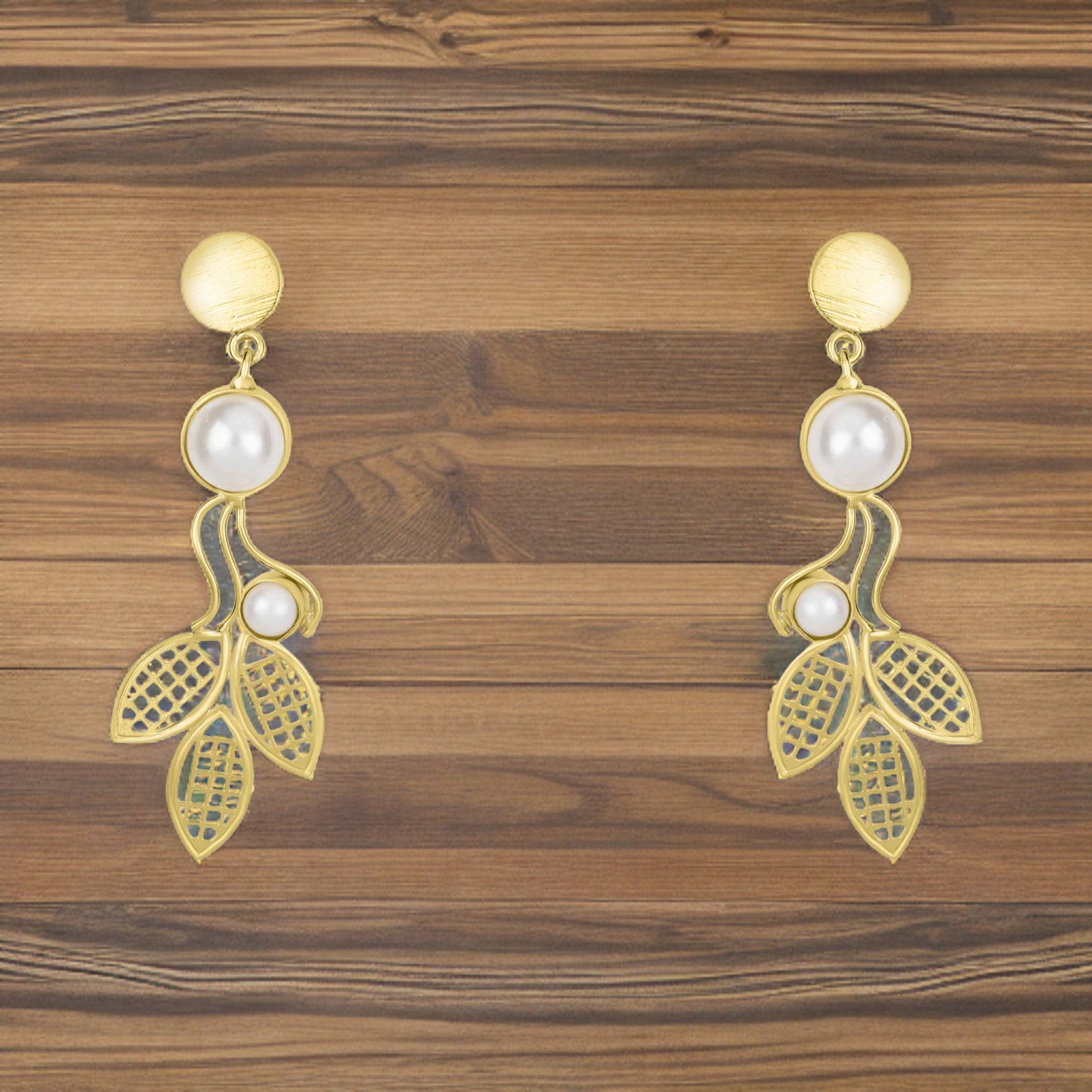 Bdiva 18K Gold Plated Light Weight Leaf Pearl Danglers.