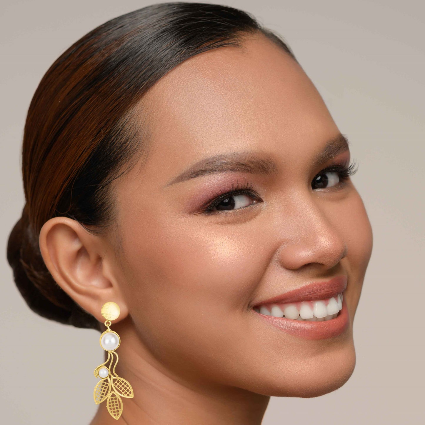 Bdiva 18K Gold Plated Light Weight Leaf Pearl Danglers.