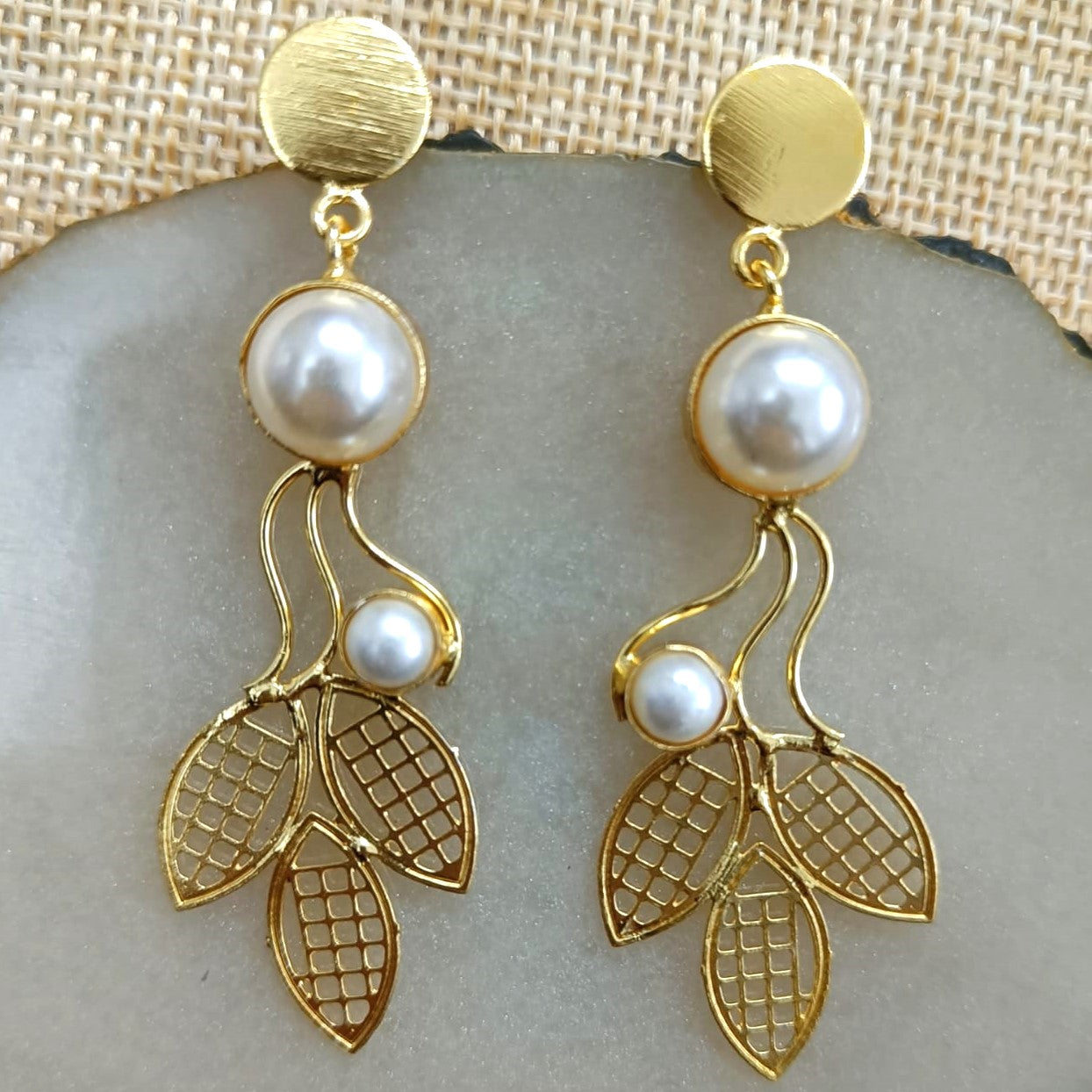 Bdiva 18K Gold Plated Light Weight Leaf Pearl Danglers.